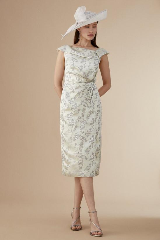 Coast Lisa Tan Premium Pleat Detail Bardot Jacquard Pencil Dress 1