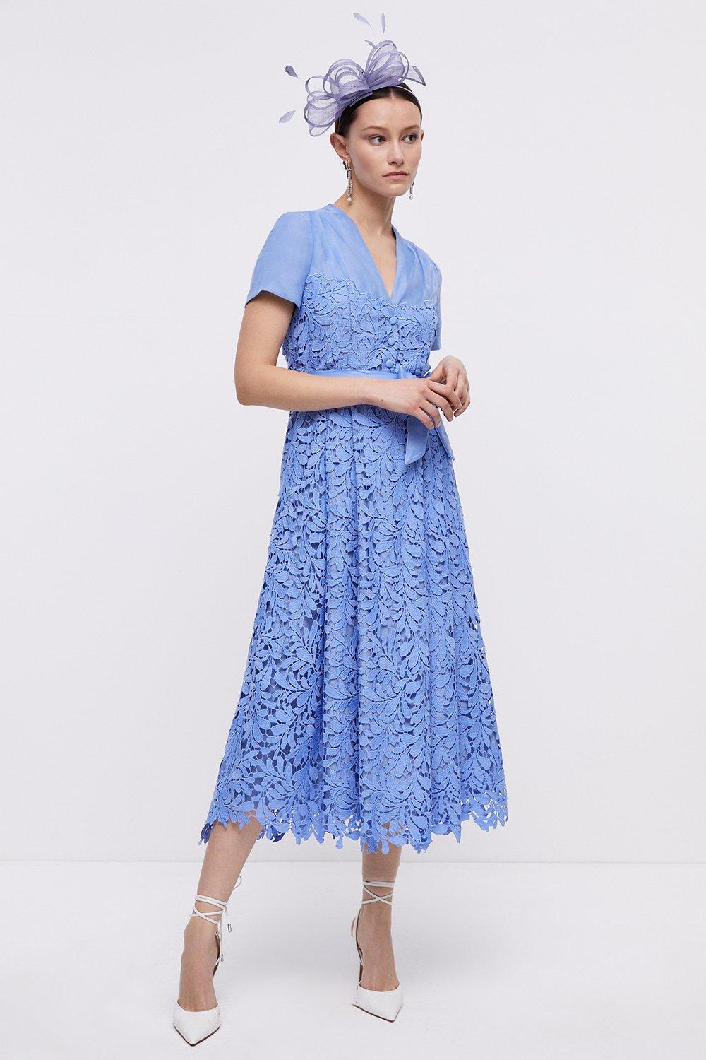 Lisa Tan Lace Shirt Dress With Organza Trim - Blue
