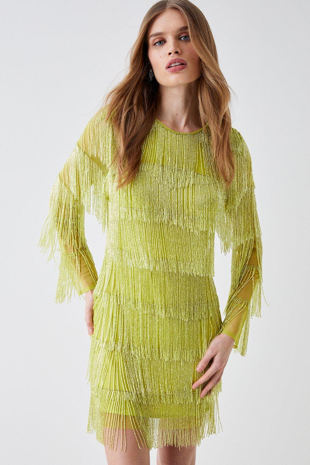 Long Sleeve Embellished Fringe Mini Dress - Green