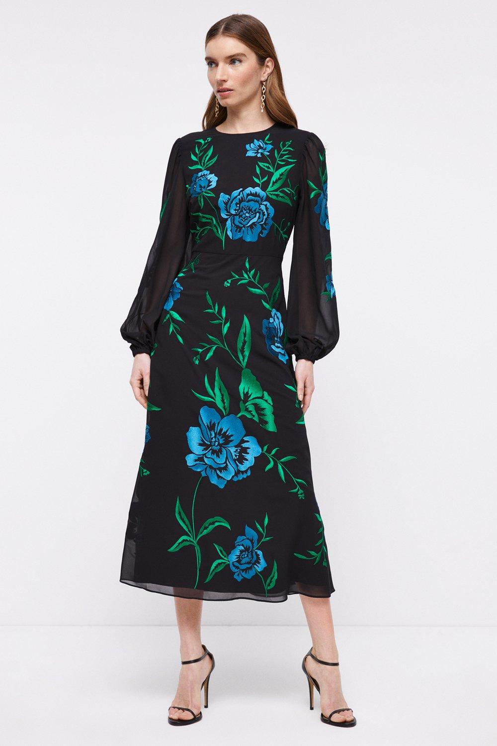 Blooming Marigold Embroidered Midi Dress - Black