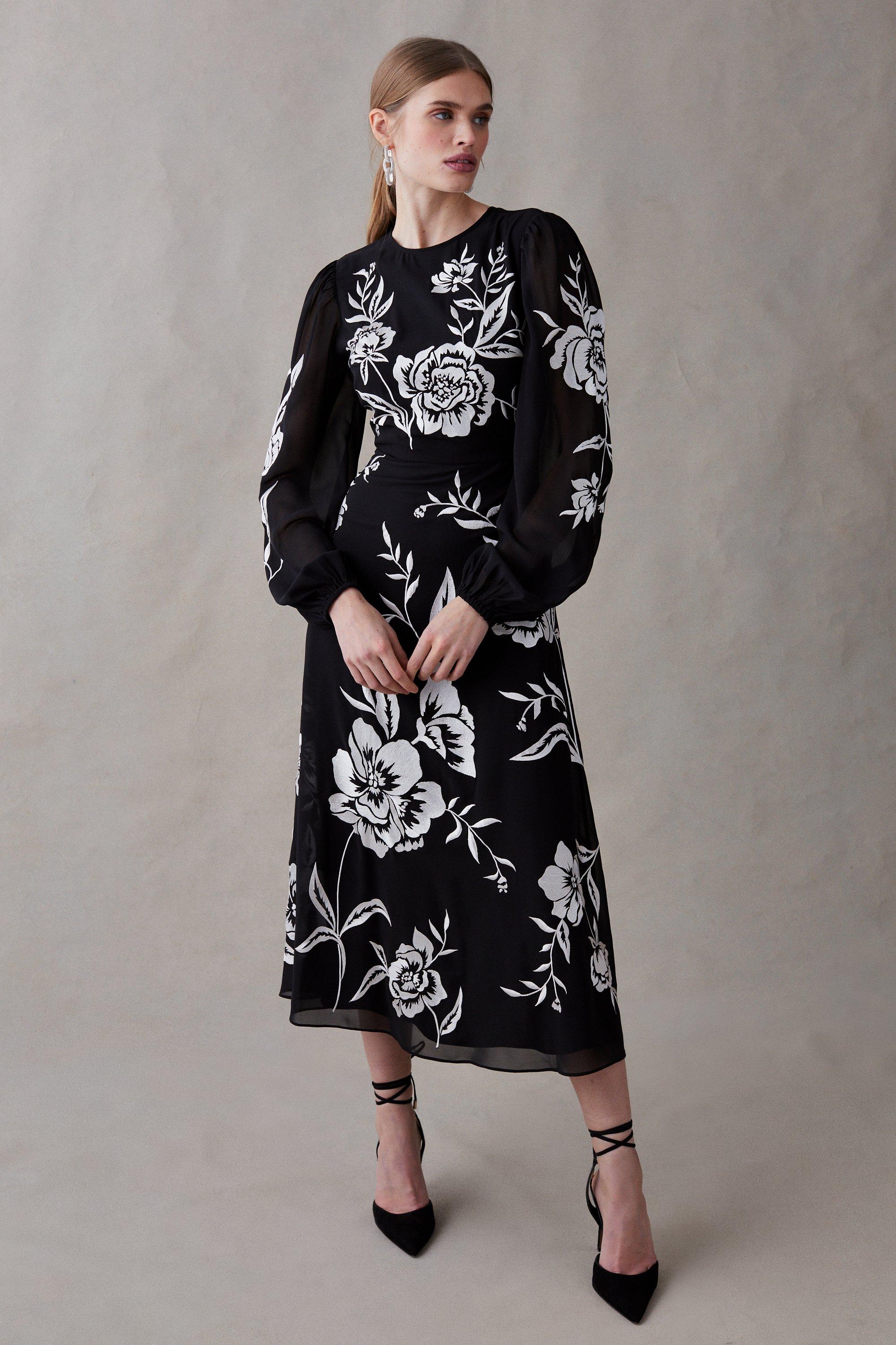 Blooming Marigold Embroidered Midi Dress - Mono