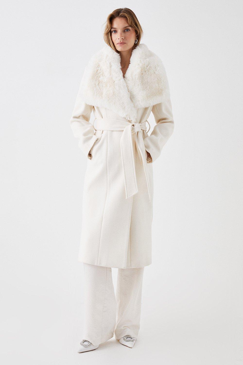 Faux Fur Collar Belted Wrap Coat - Ivory