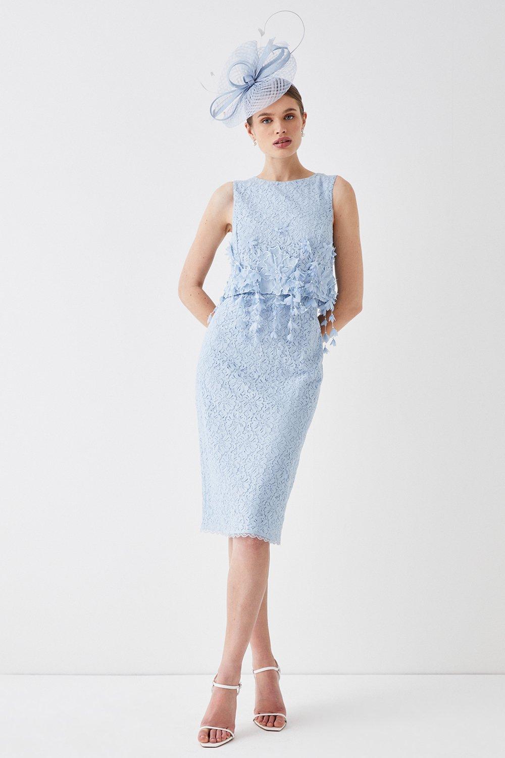 Lace And 3d Floral Bodice Overlay Midi Dress - Pale Blue