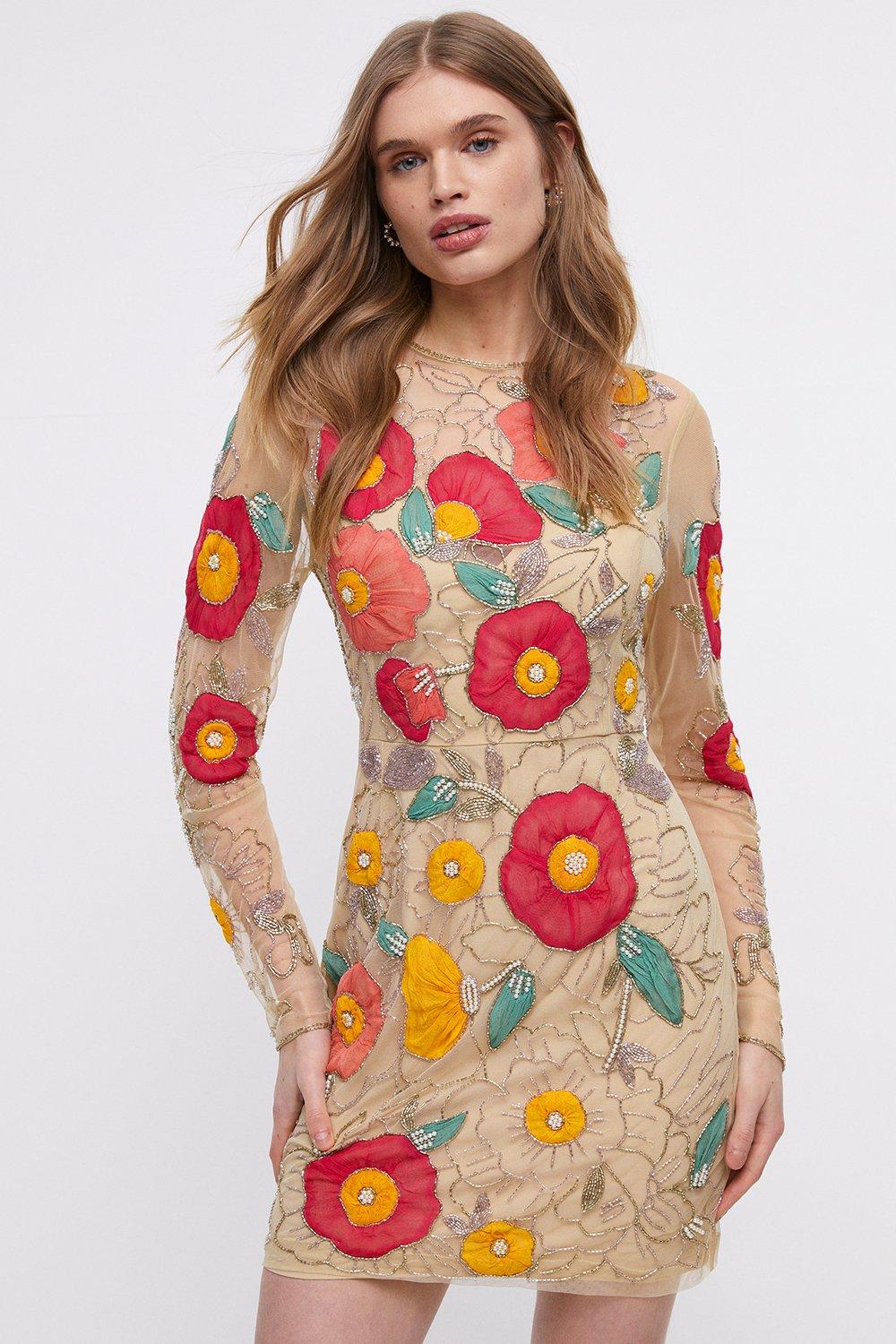 Premium Hand Embellished Chiffon Floral Mini Dress