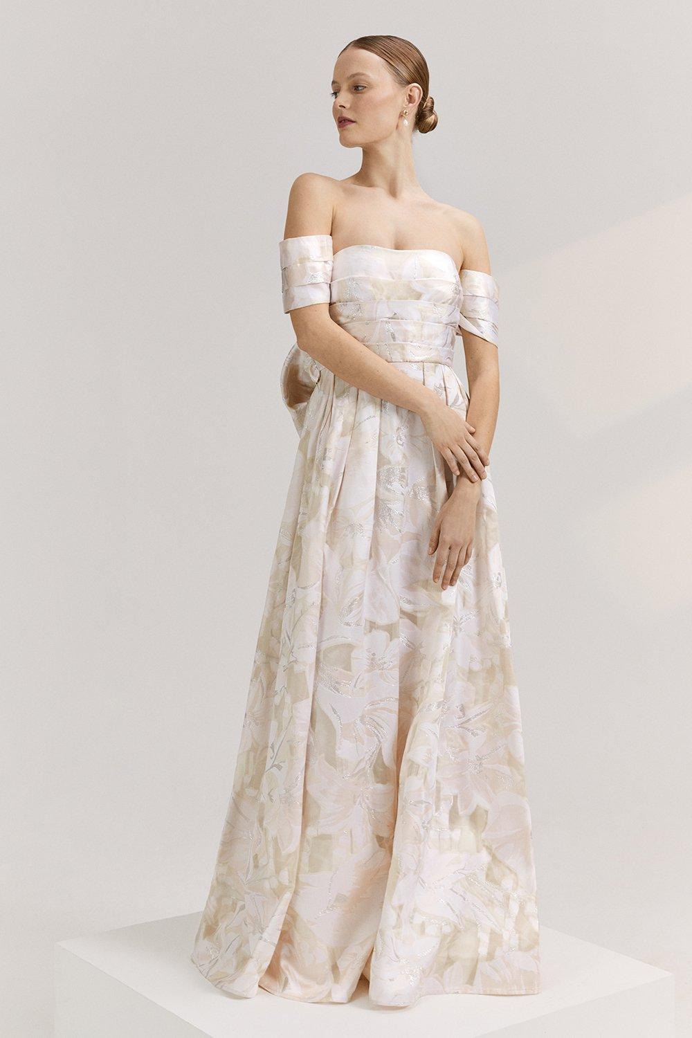 RSN Inspired Organza Jacquard Bardot Dress - Ecru