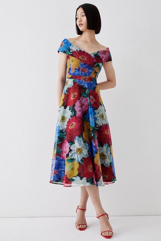 Coast Organza Floral Bardot Ruched Bodice Midi Dress 1