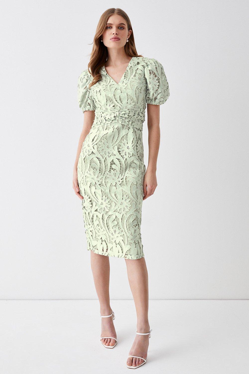 Pencil Dress In Satin Lace With Tie - Sage
