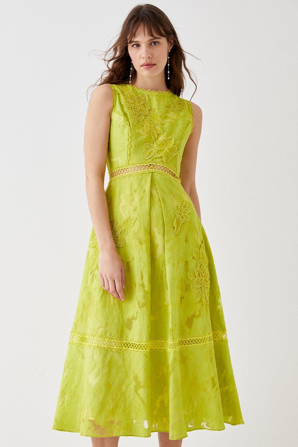 Premium Jacquard Midi Dress With Floral Applique - Green