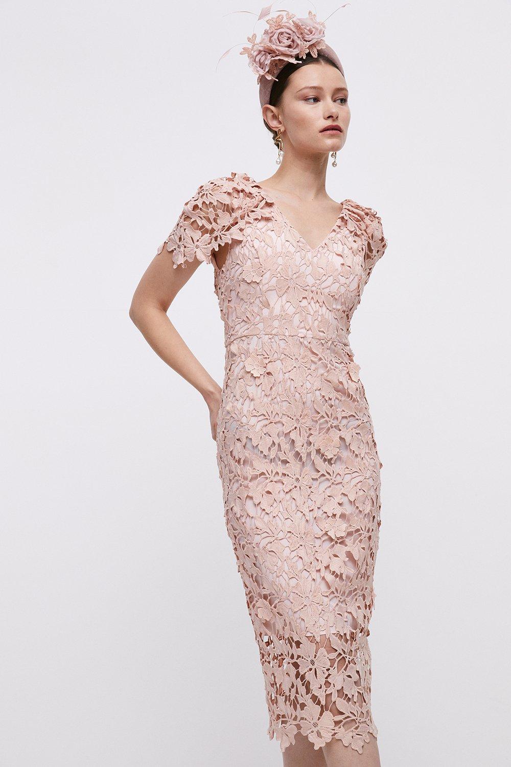 Lisa Tan Lace Pencil Dress With Cape Sleeve - Pink
