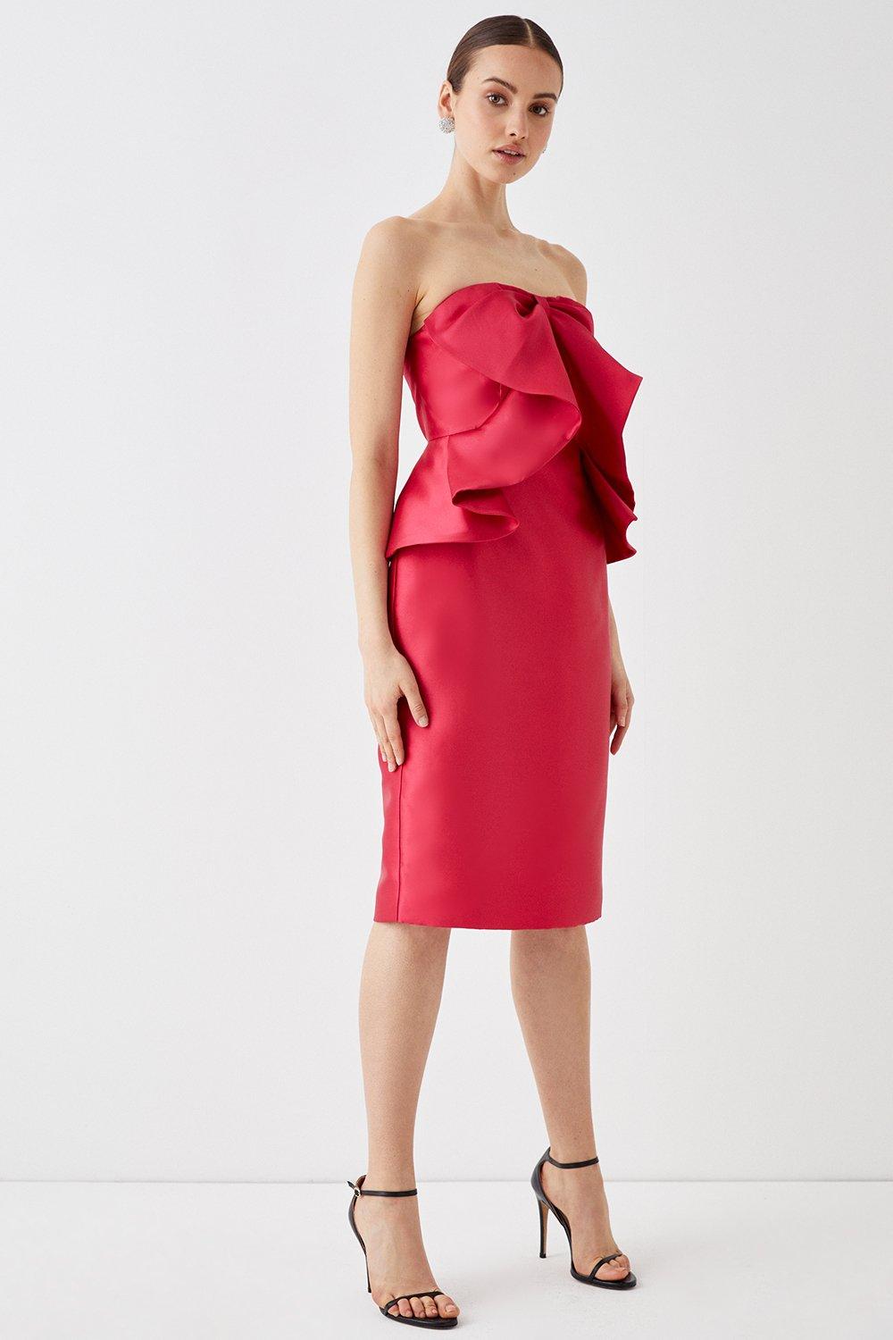 Twill Pencil Dress With Bow Front - Red