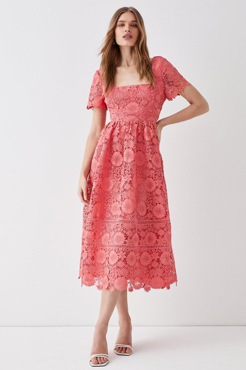 Square Neck Lace Dress With Short Sleeve - Pink