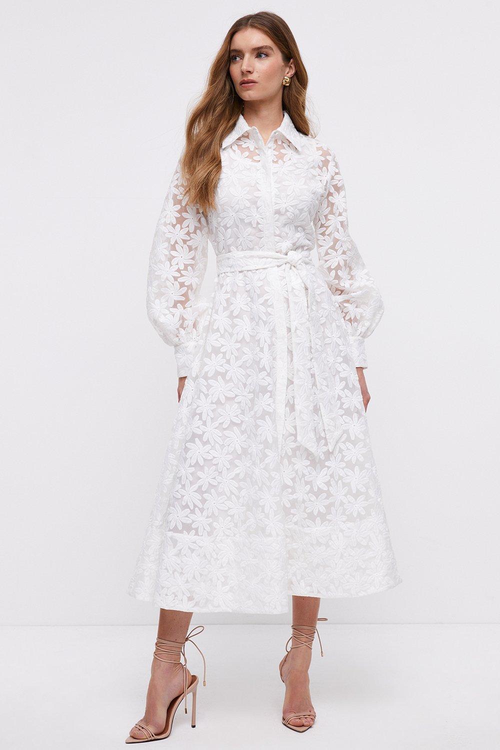 Premium Embroidered Organza Shirt Dress - White
