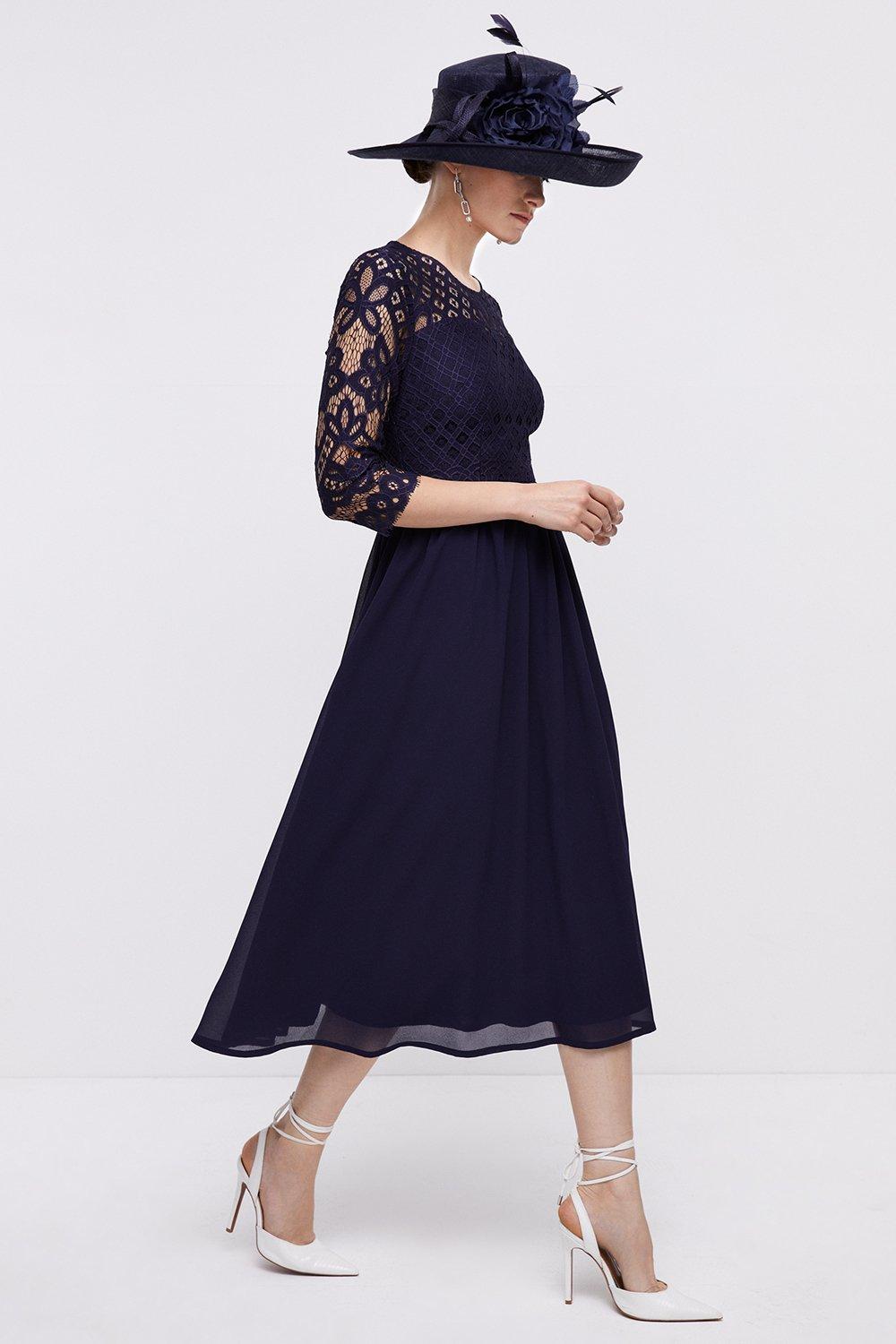 Lace Bodice Full Georgette Skirt Midi Dress - Navy