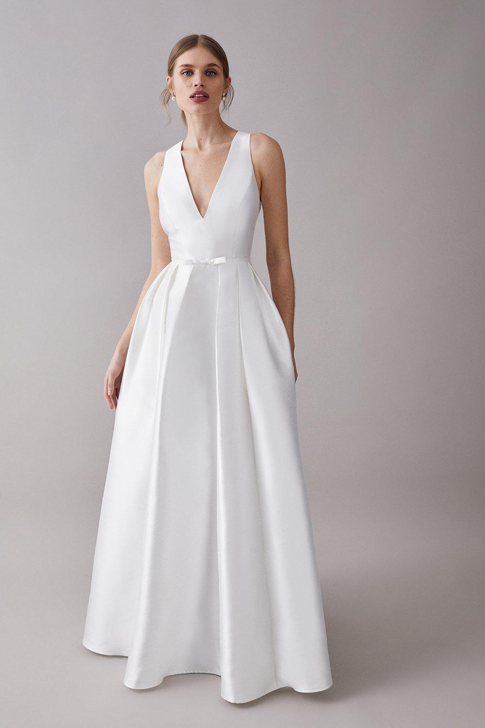 Plunge Neck Bow Waist Maxi Dress With Pockets - Ivory