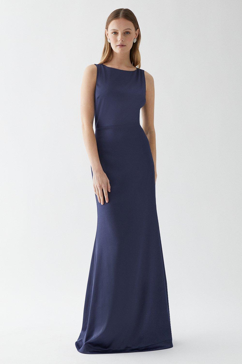 Structured Satin Stretch Lace Back Bridesmaid Dress - Navy