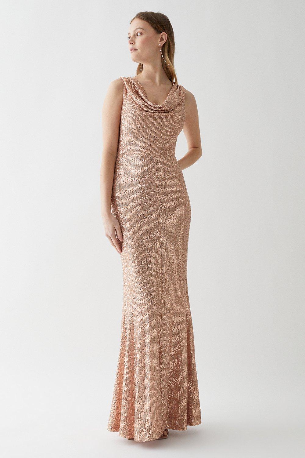 Drape Cowl Neck Sequin Bridesmaid Maxi Dress