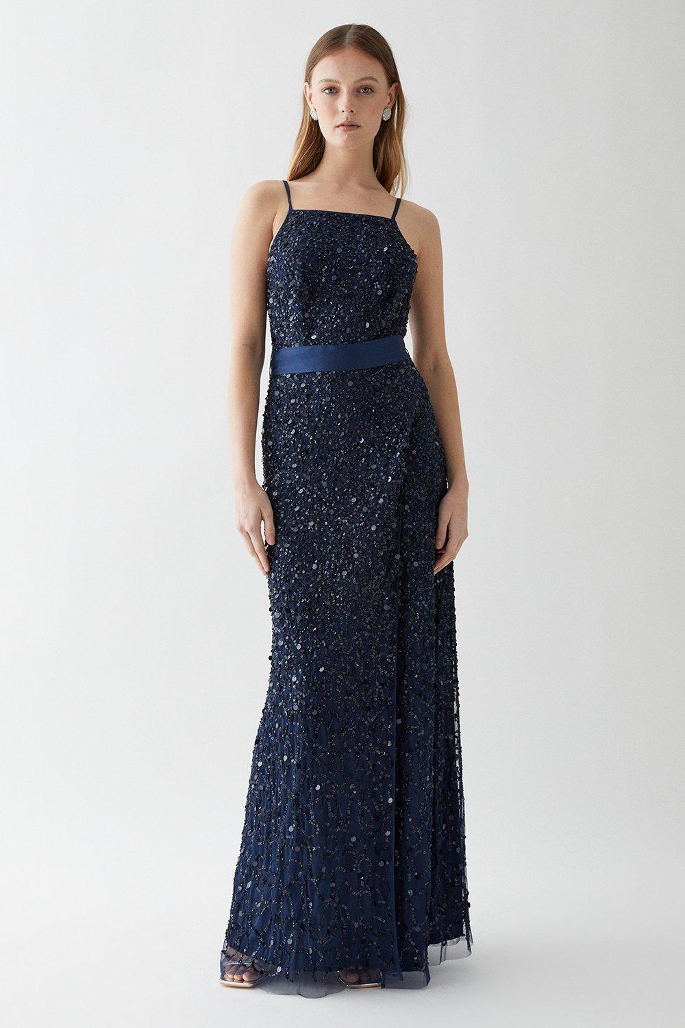 Strappy Sequin Wrap Skirt Bridesmaids Dress With Belt - Navy