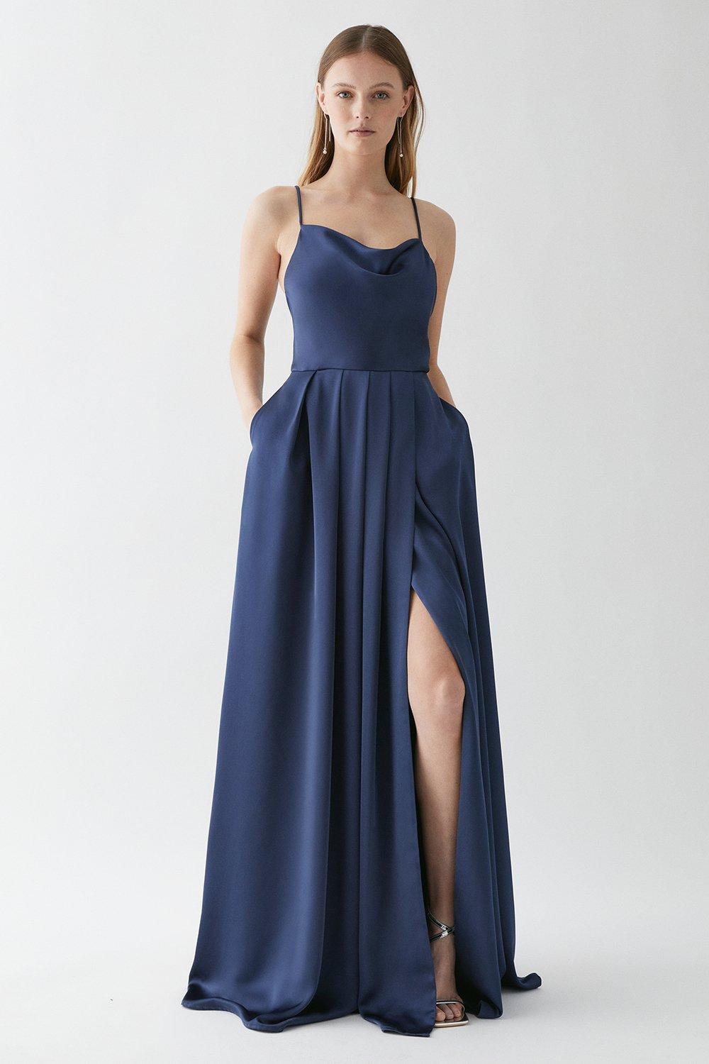 Drape Satin Thigh Split Sweeping Bridesmaid Maxi Dress - Navy
