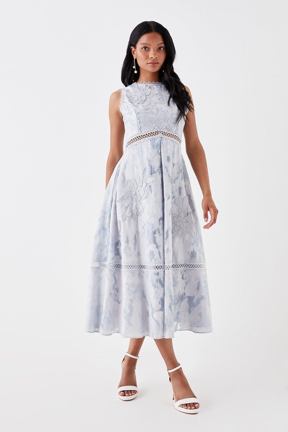 Petite Premium Jacquard Midi Dress With Floral Applique - Pale Blue
