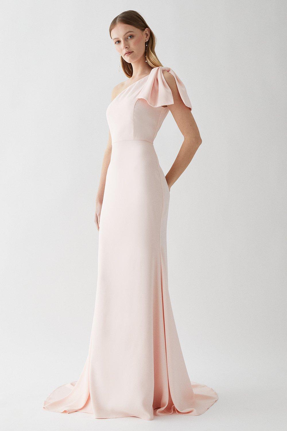 Bow One Shoulder Puddle Bridesmaids Maxi Dress - Pink