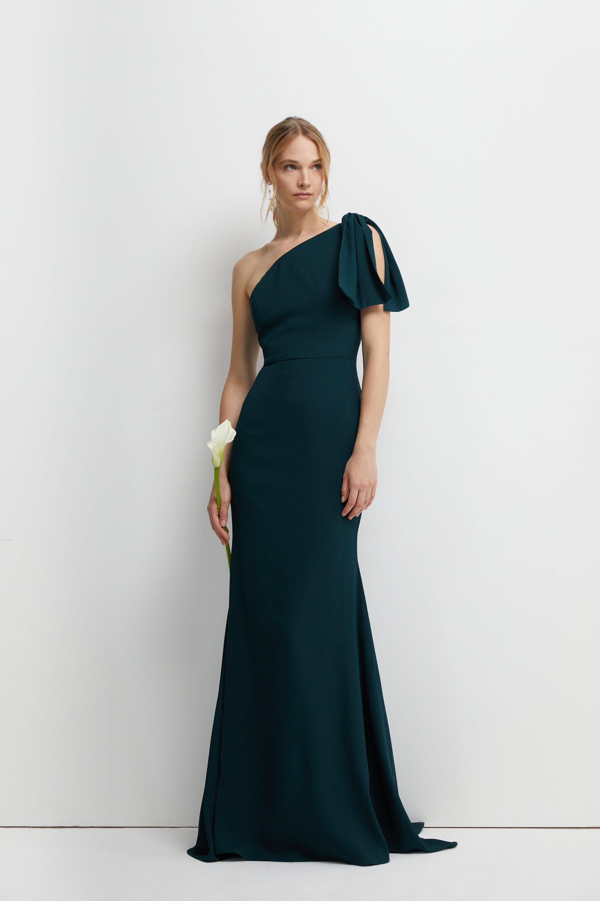 Bow One Shoulder Puddle Bridesmaids Maxi Dress - Green