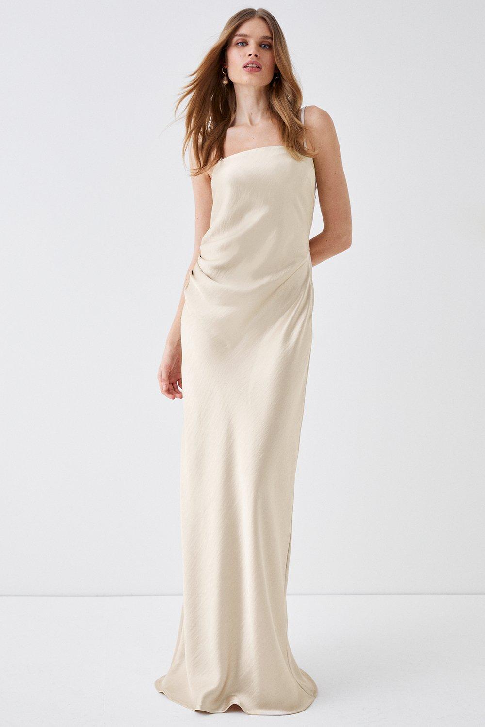 Premium Satin Ruche Bridesmaid Dress With Removable Straps - Champagne