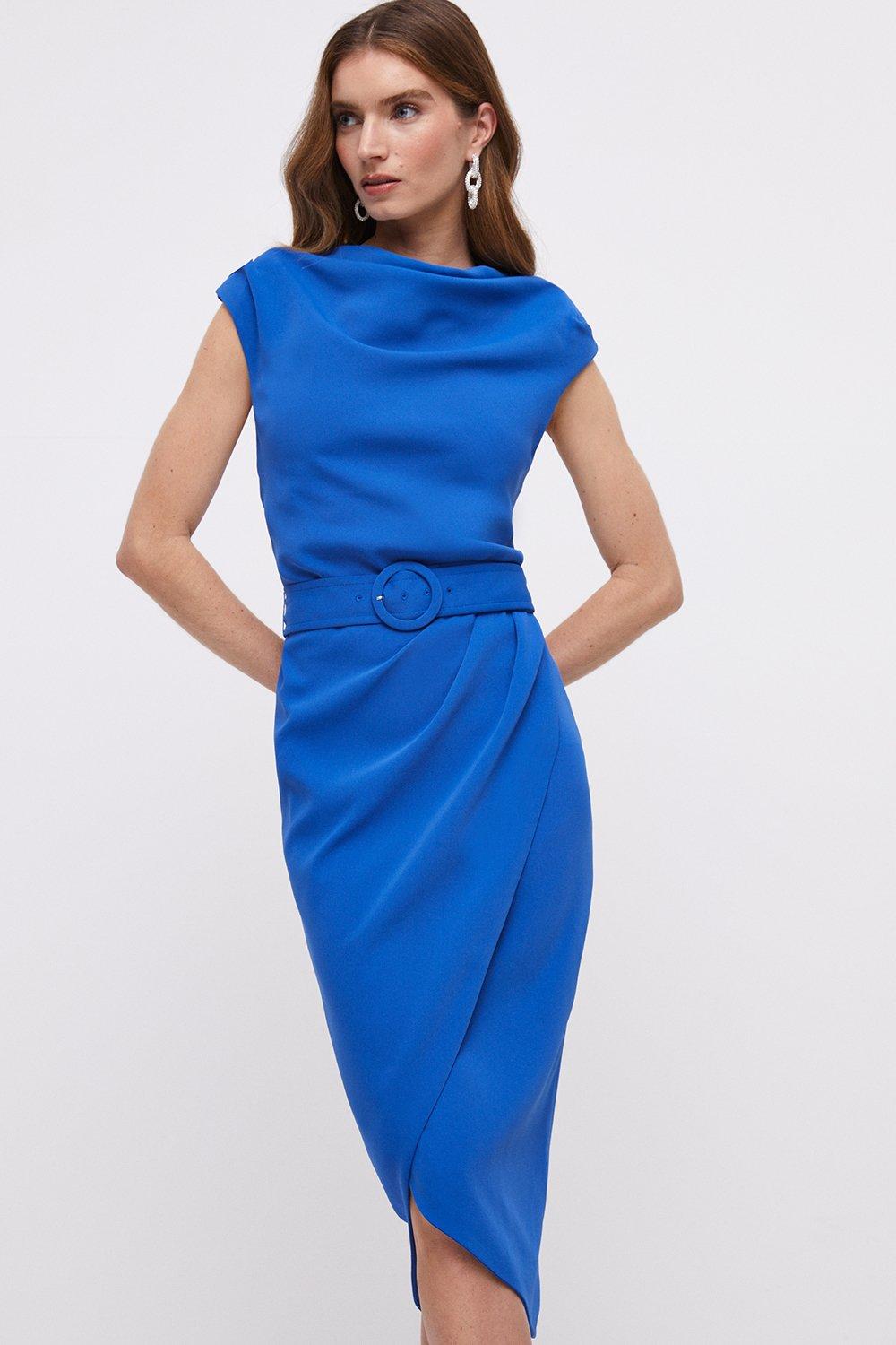 Belted High Neck Wrap Skirt Dress - Blue