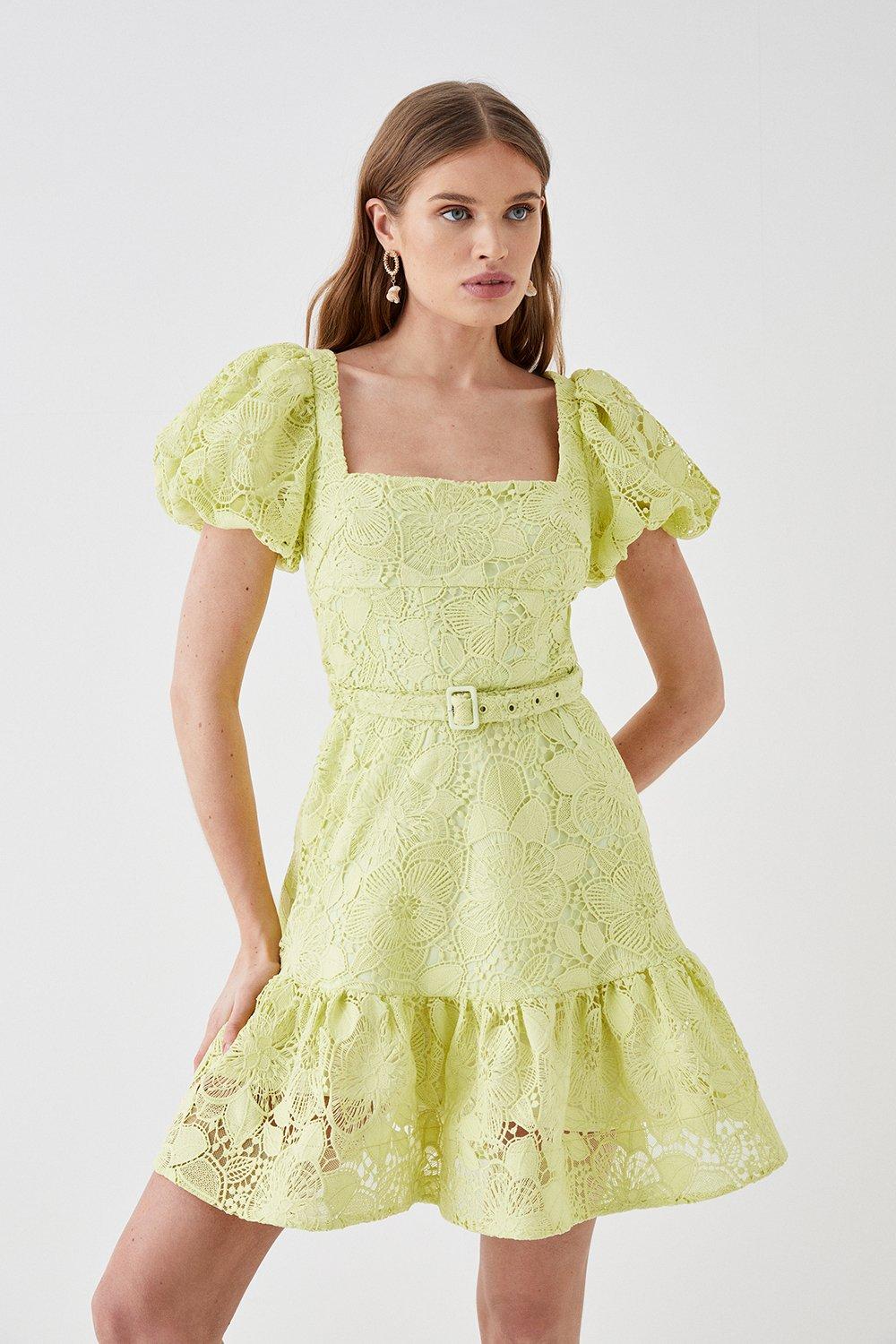 Square Neck Lace Mini Dress - Green