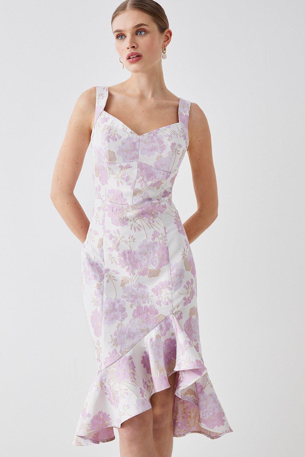 Jacquard Pencil Dress With Wrap Frill Hem - Lilac