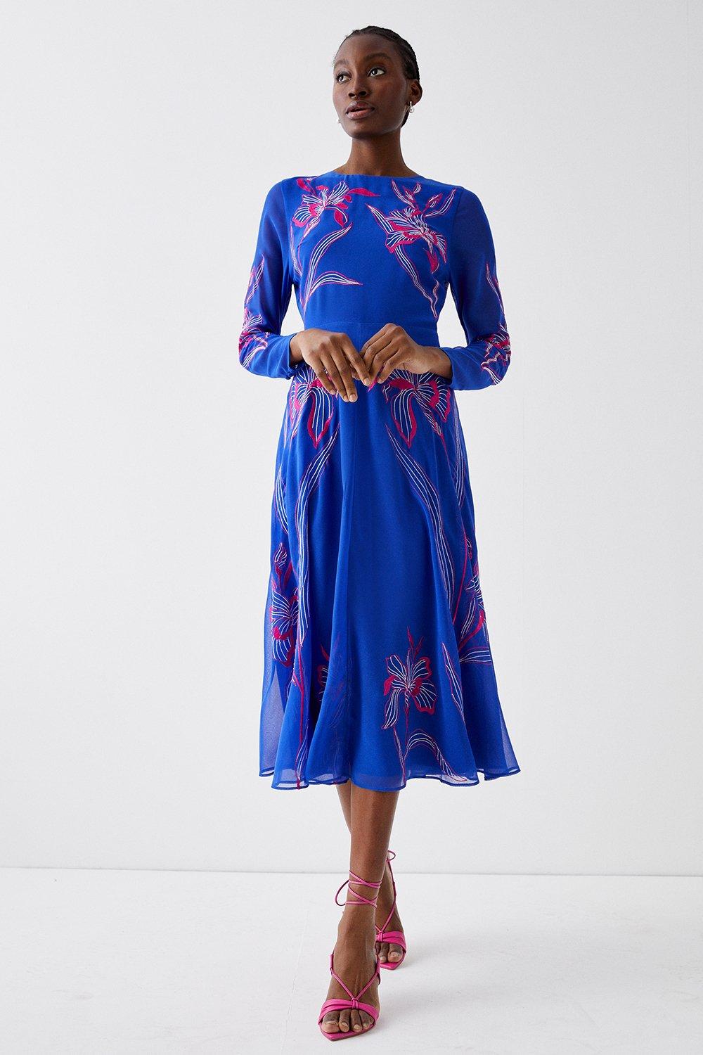 Floral Open Back Embroidered Midi Dress - Blue