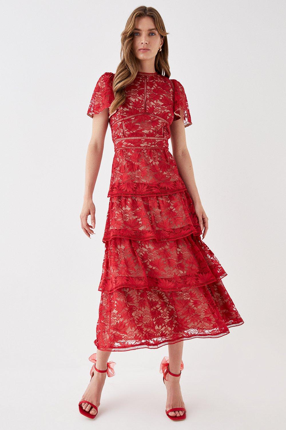 Dresses, Tiered Lace Dress With Flutter Sleeve & Trims