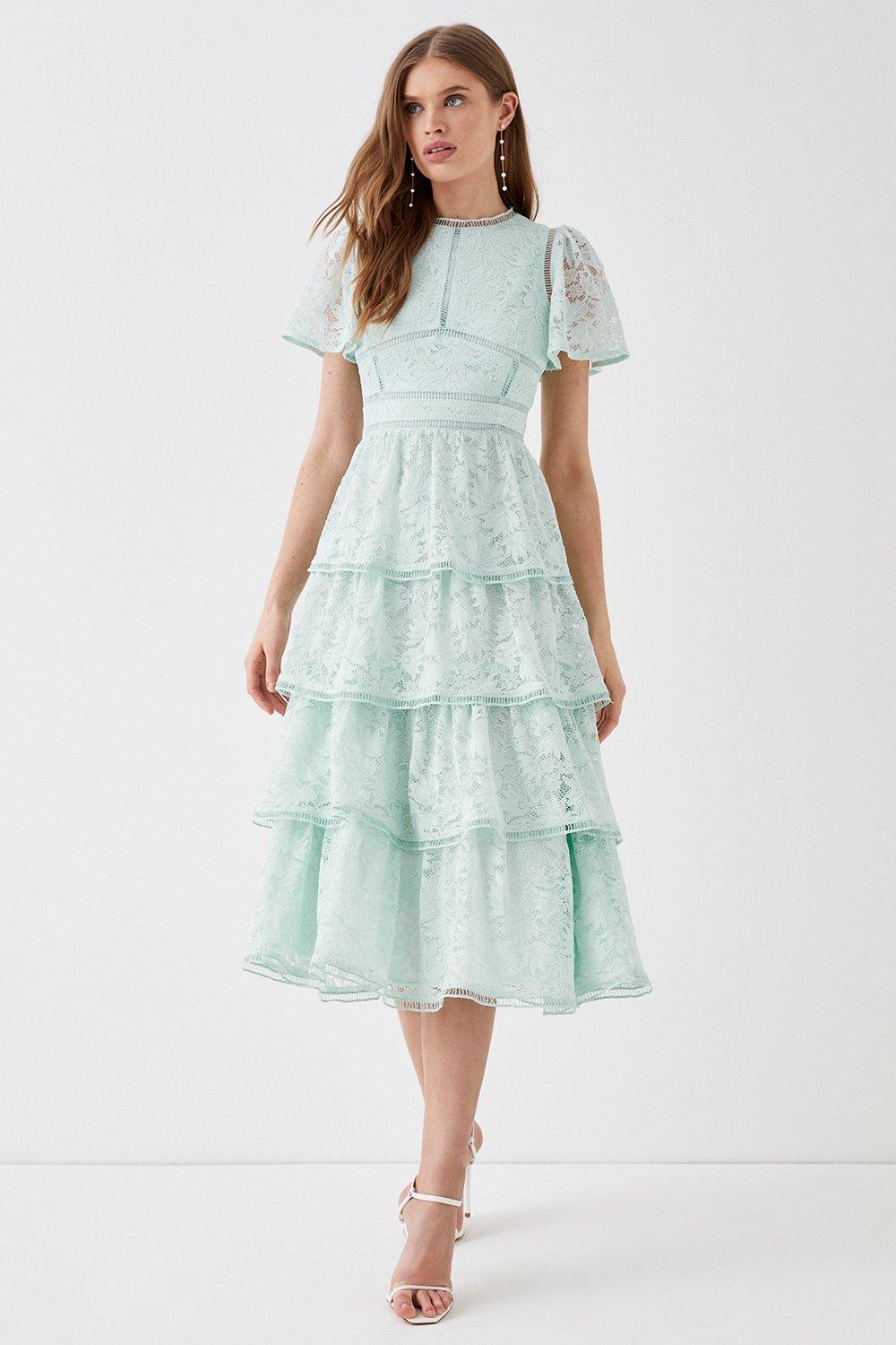 Tiered Lace Dress With Flutter Sleeve & Trims - Sage