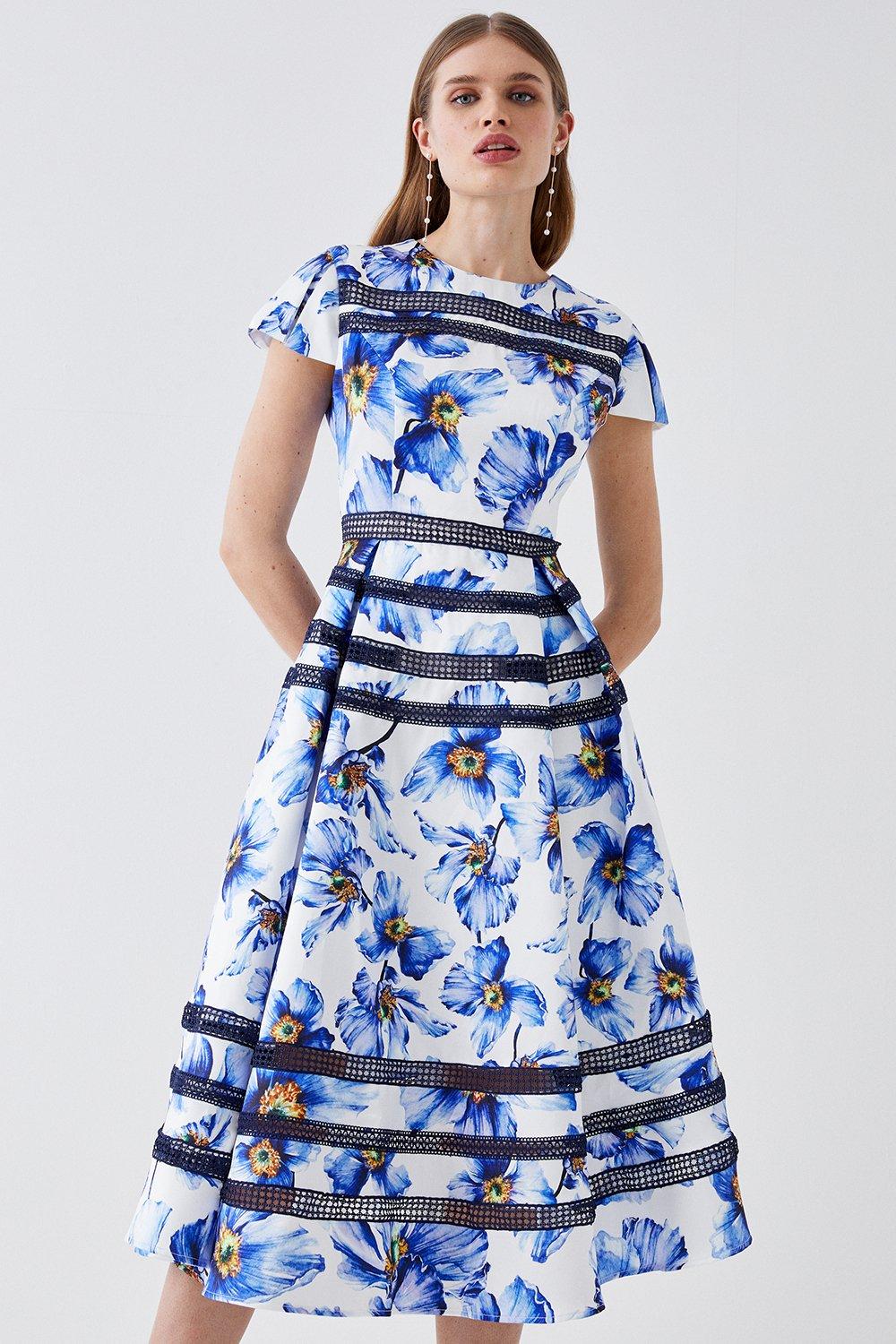 Geo Lace Trim Printed Midi Dress In Twill - Blue