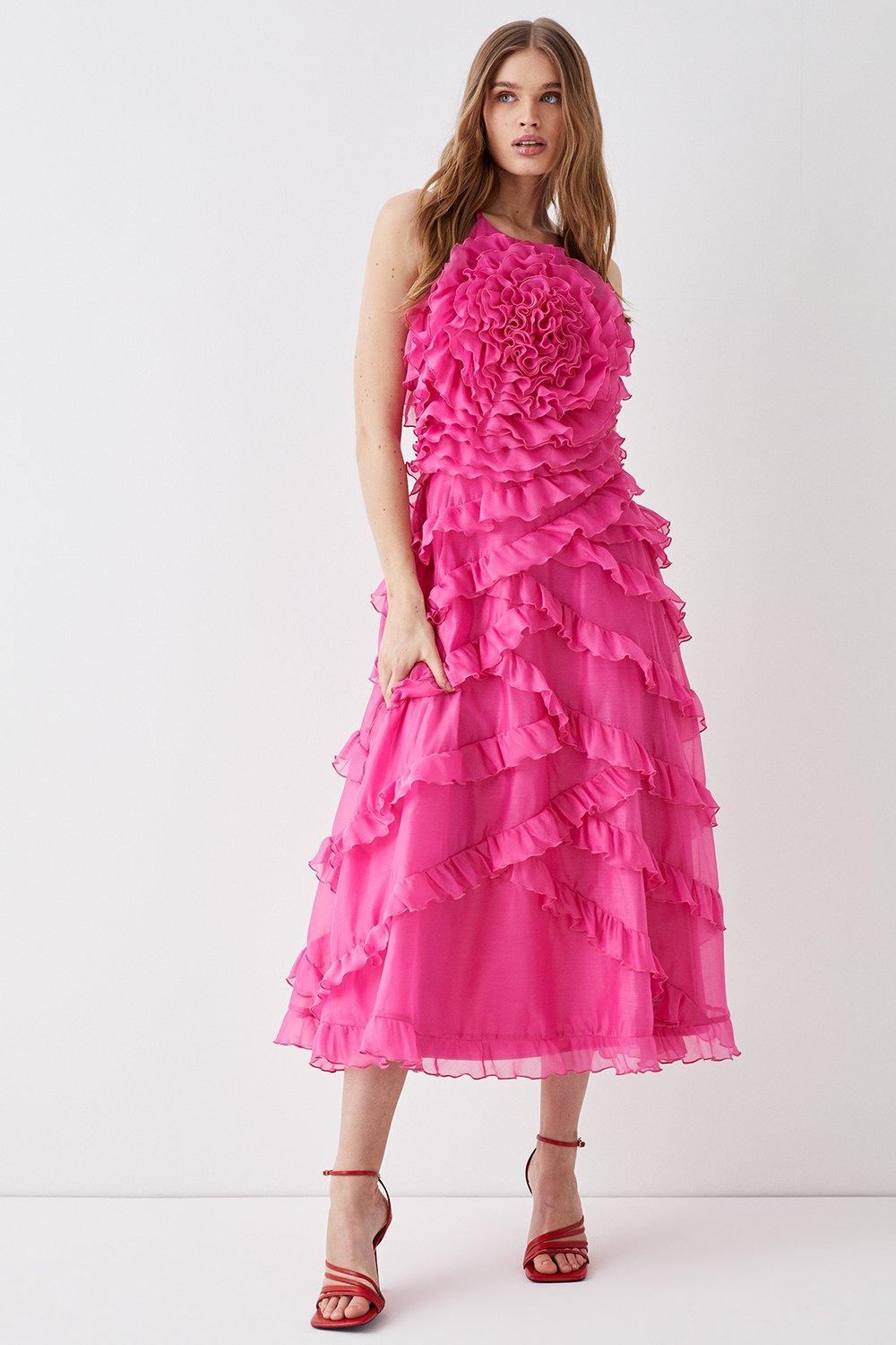 Rose Ruffle Midi Dress - Pink