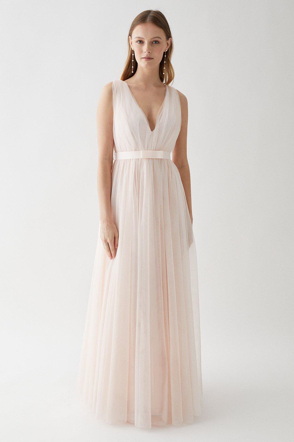 Tulle Plunge Neck Princess Bridesmaids Dress With Bow - Pink