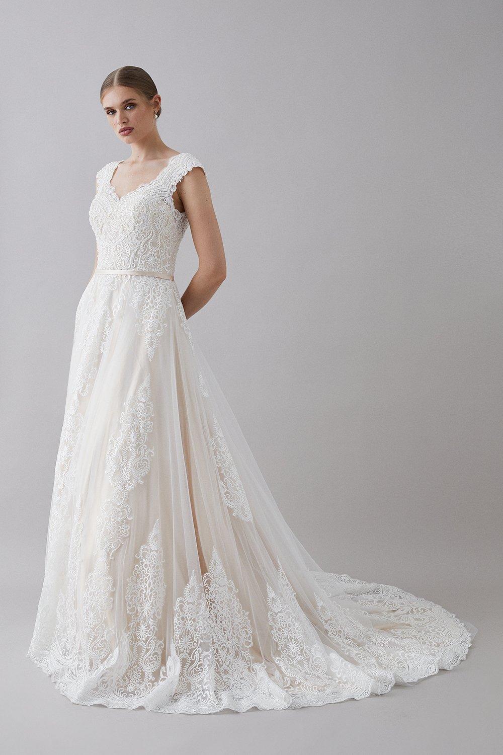 Premium Pearl Embellished Lace Bardot Sweetheart Wedding Dress - Ivory