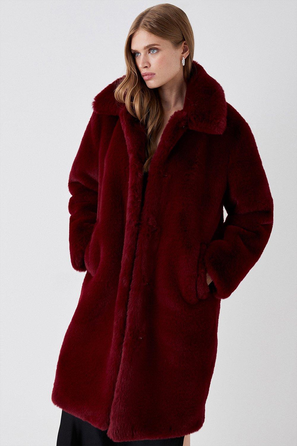 Faux Fur Longline Collared Coat - Red
