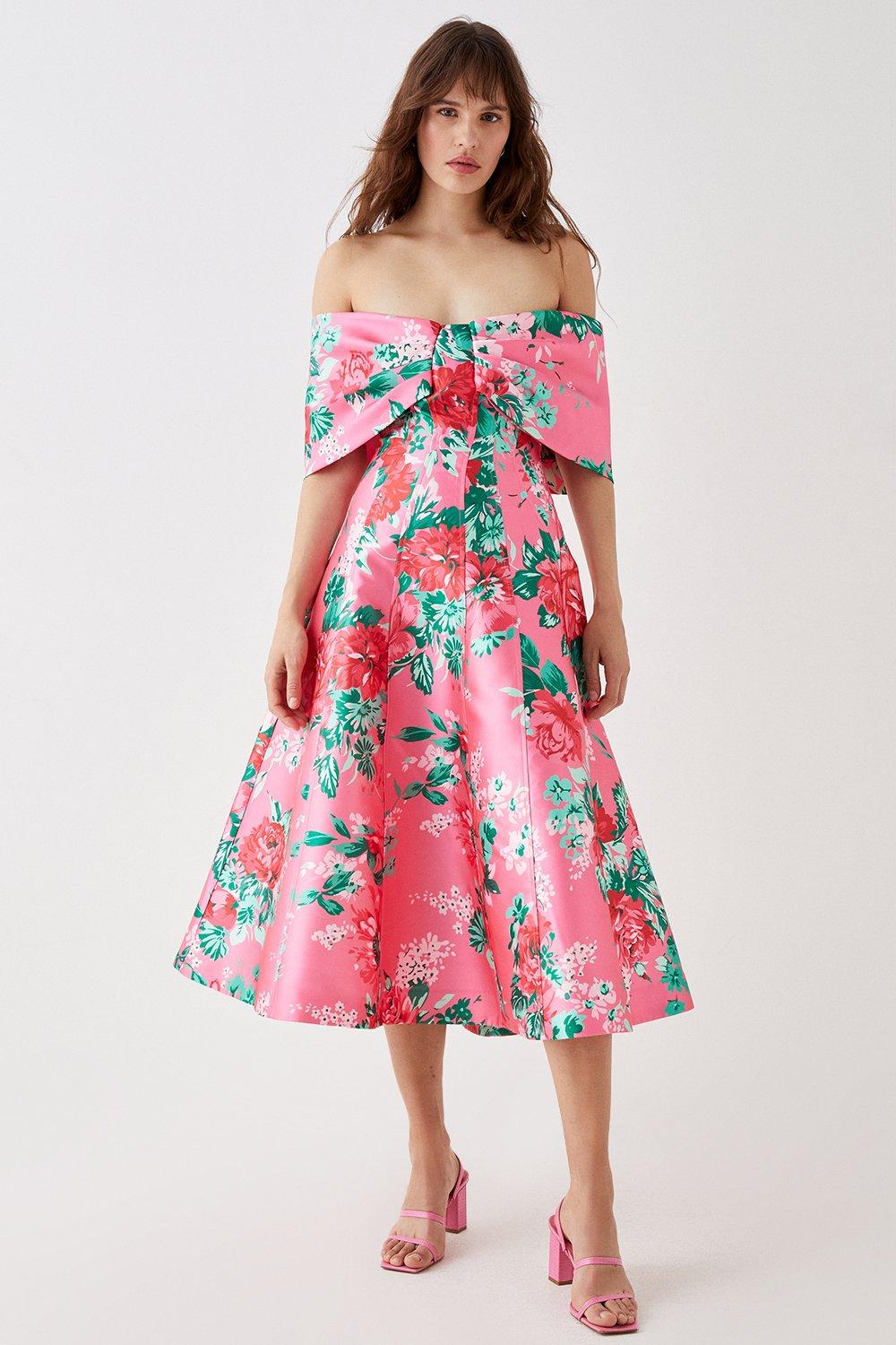 Bardot Twill Midi Dress With Pleat Sleeves - Pink