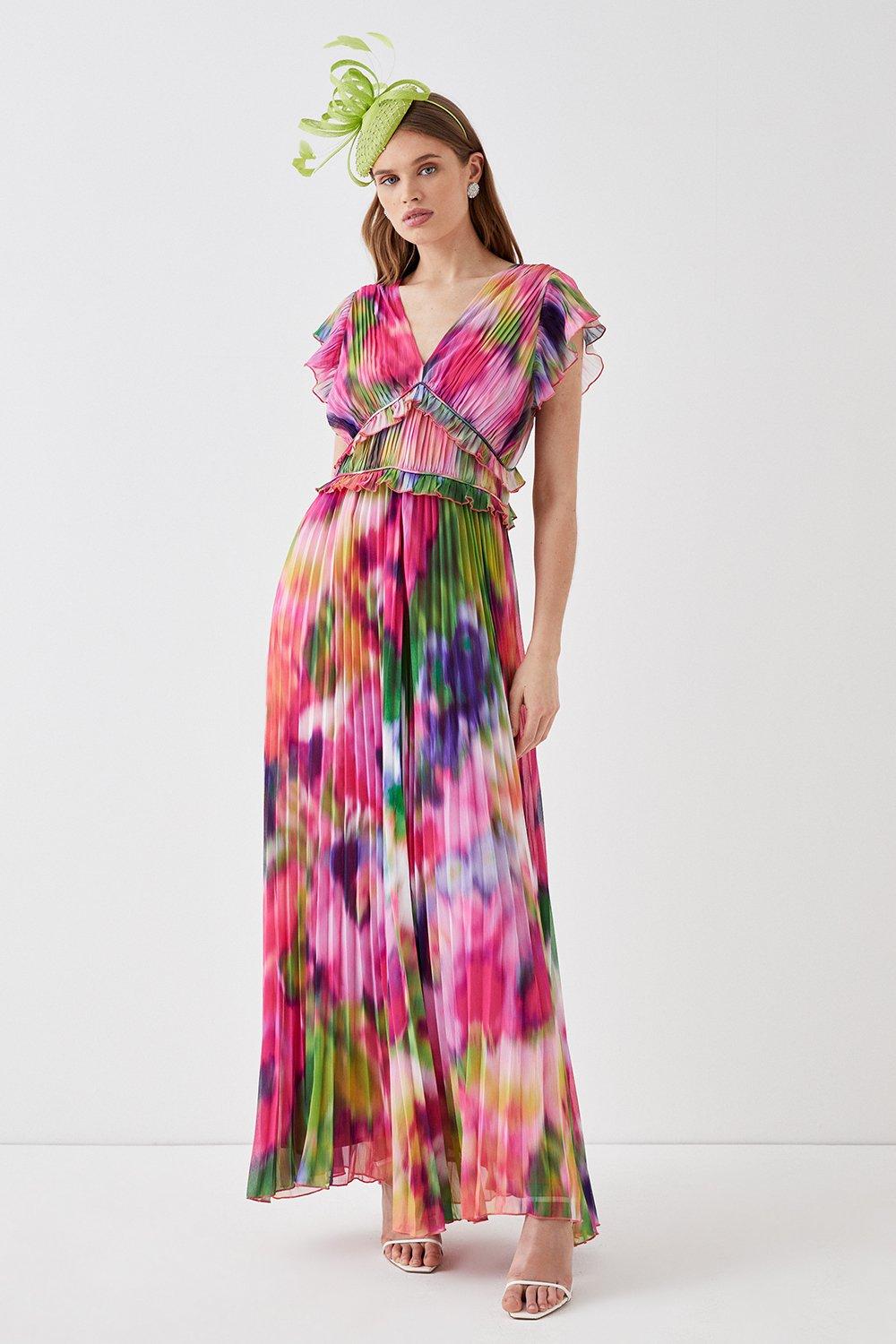 All Over Pleated Printed Maxi Dress