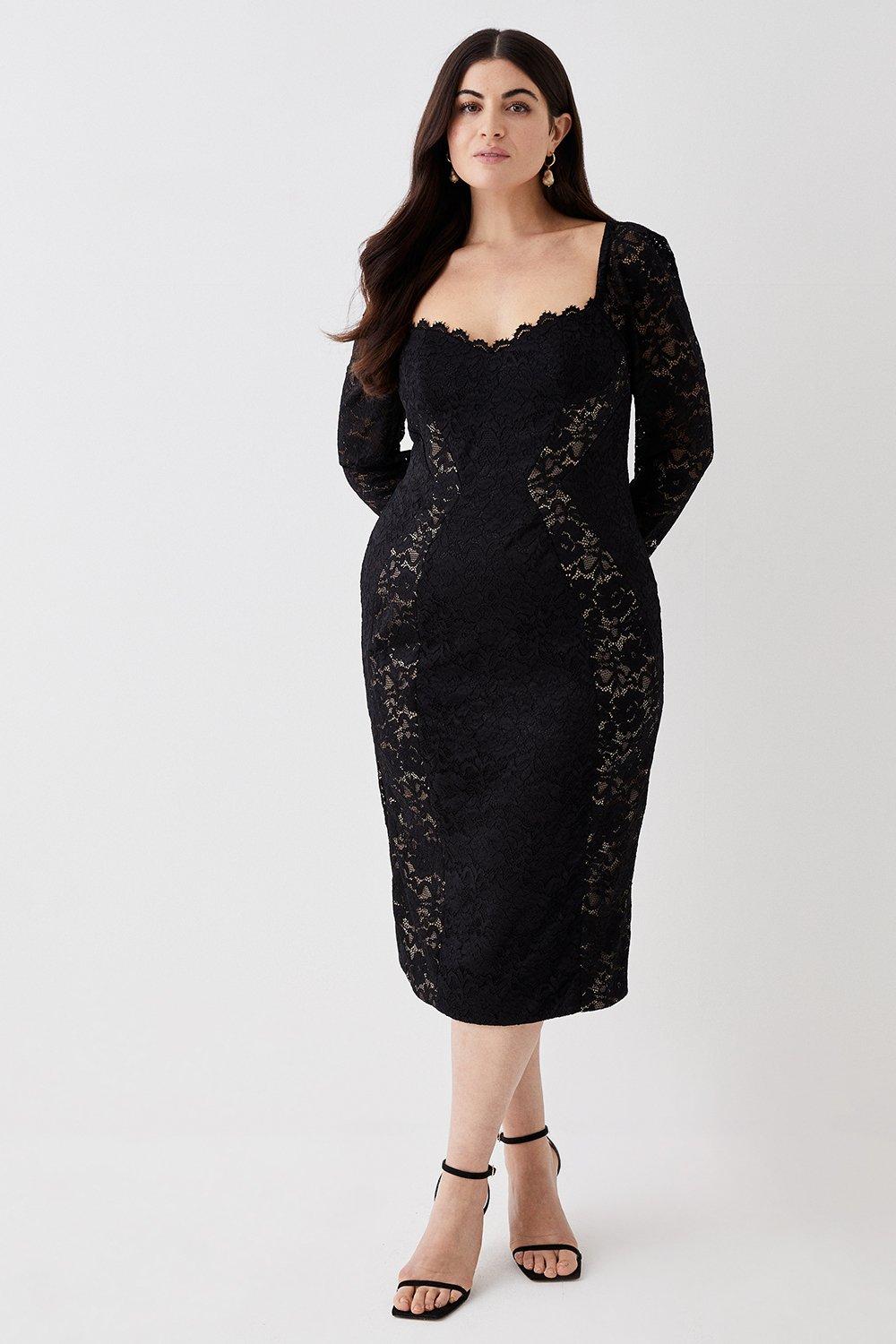 Plus Size Lace Bodycon Dress With Seams - Black