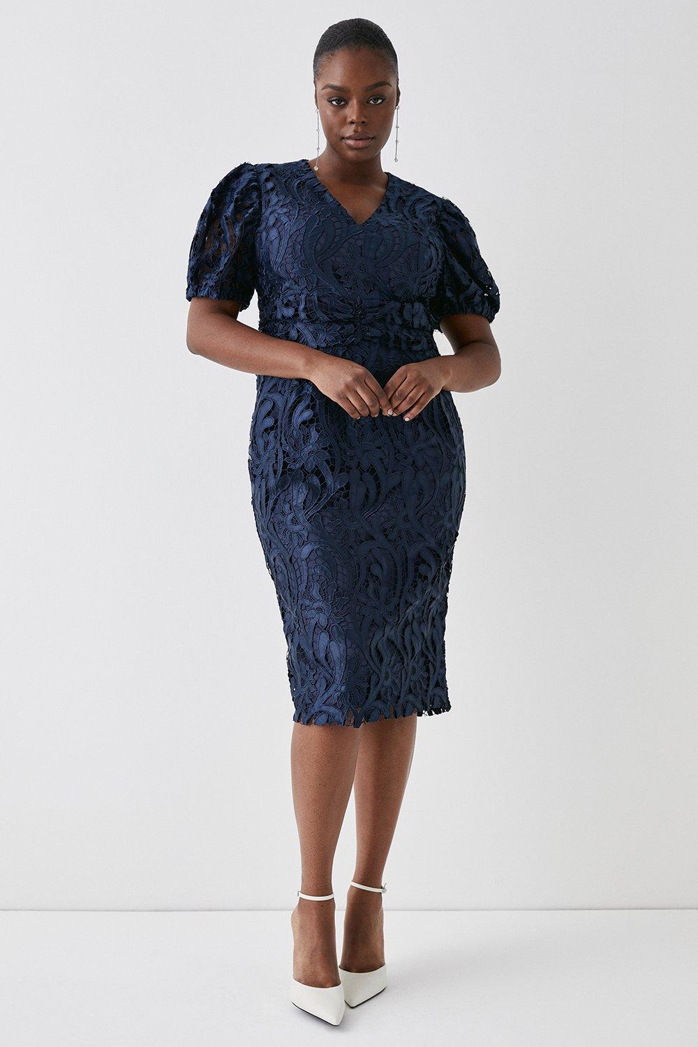 Plus Size Pencil Dress In Satin Lace With Buttons & Tie - Navy