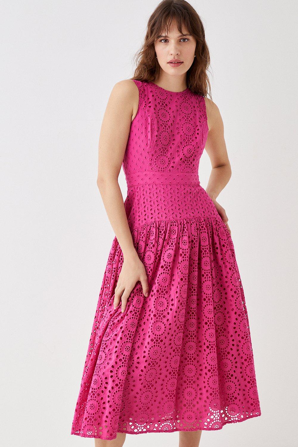 Panelled Drop Waist Broderie Midi Dress - Pink