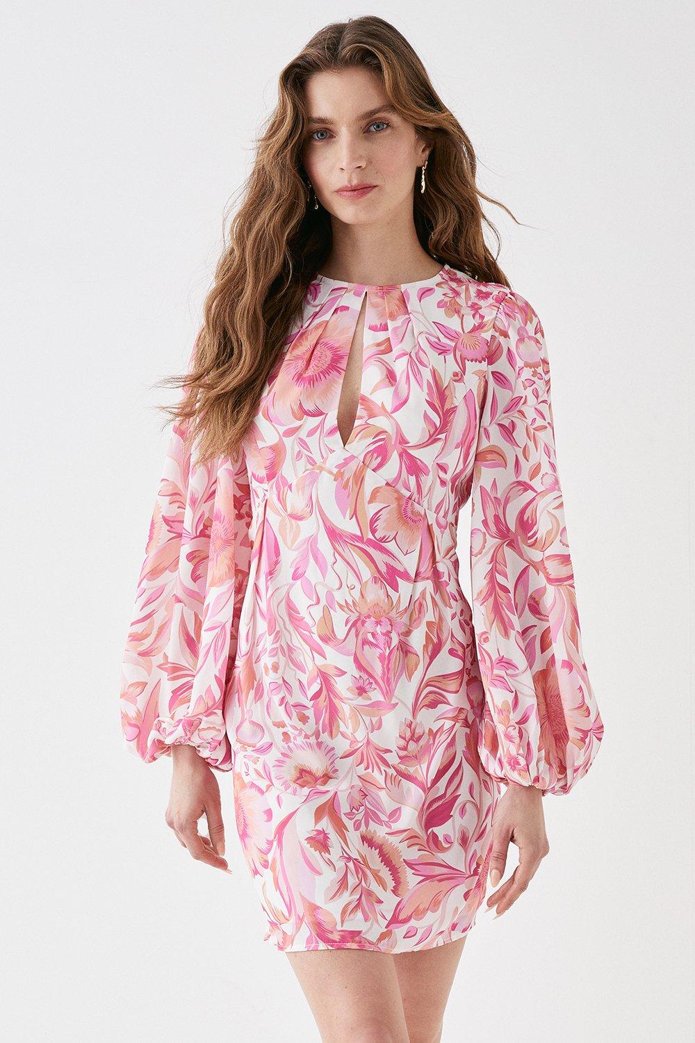 Alexandra Farmer Mini Dress With Blouson Sleeve - Pink