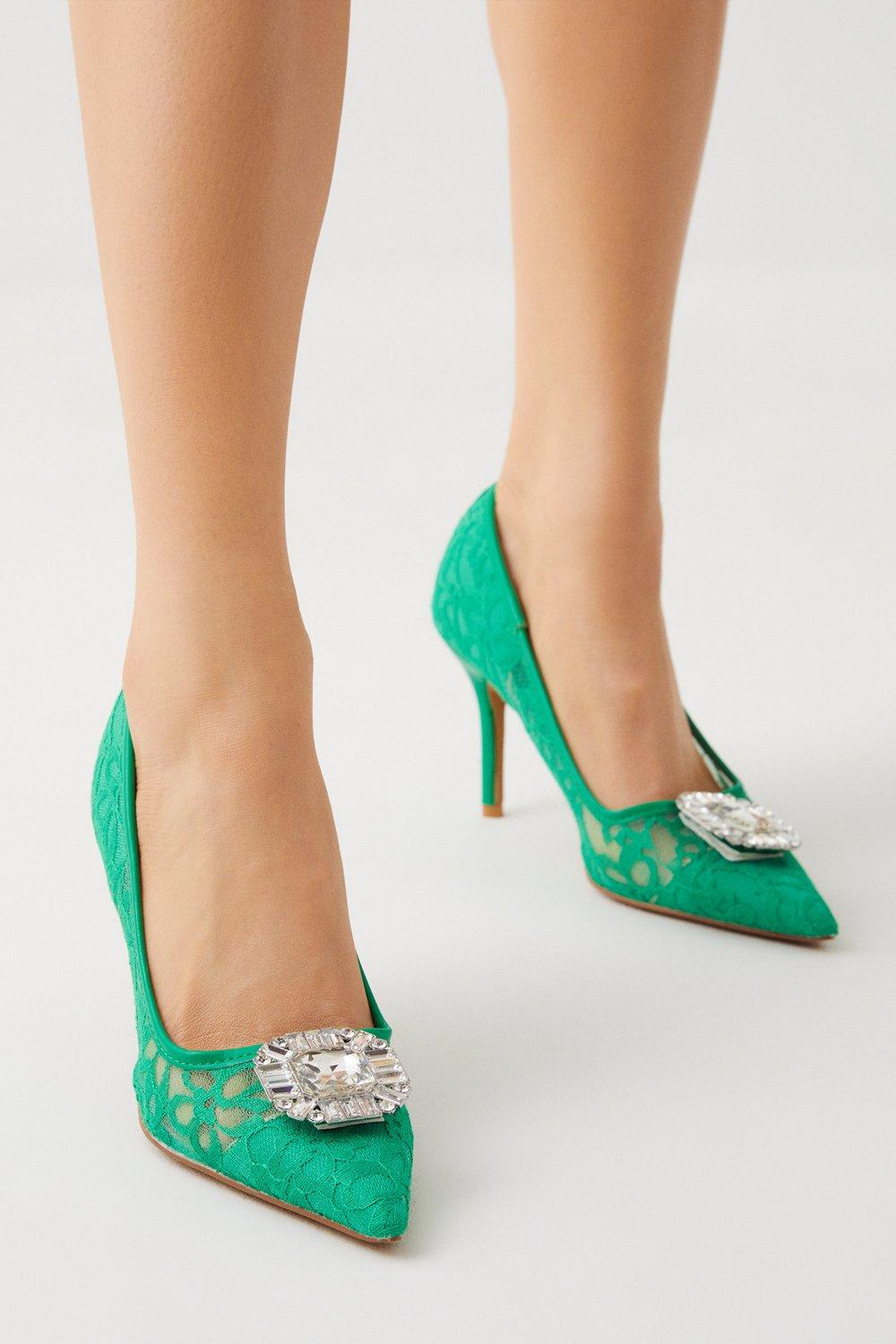 Jewelled Brooch Detail Lace Heeled Court Shoe - Green