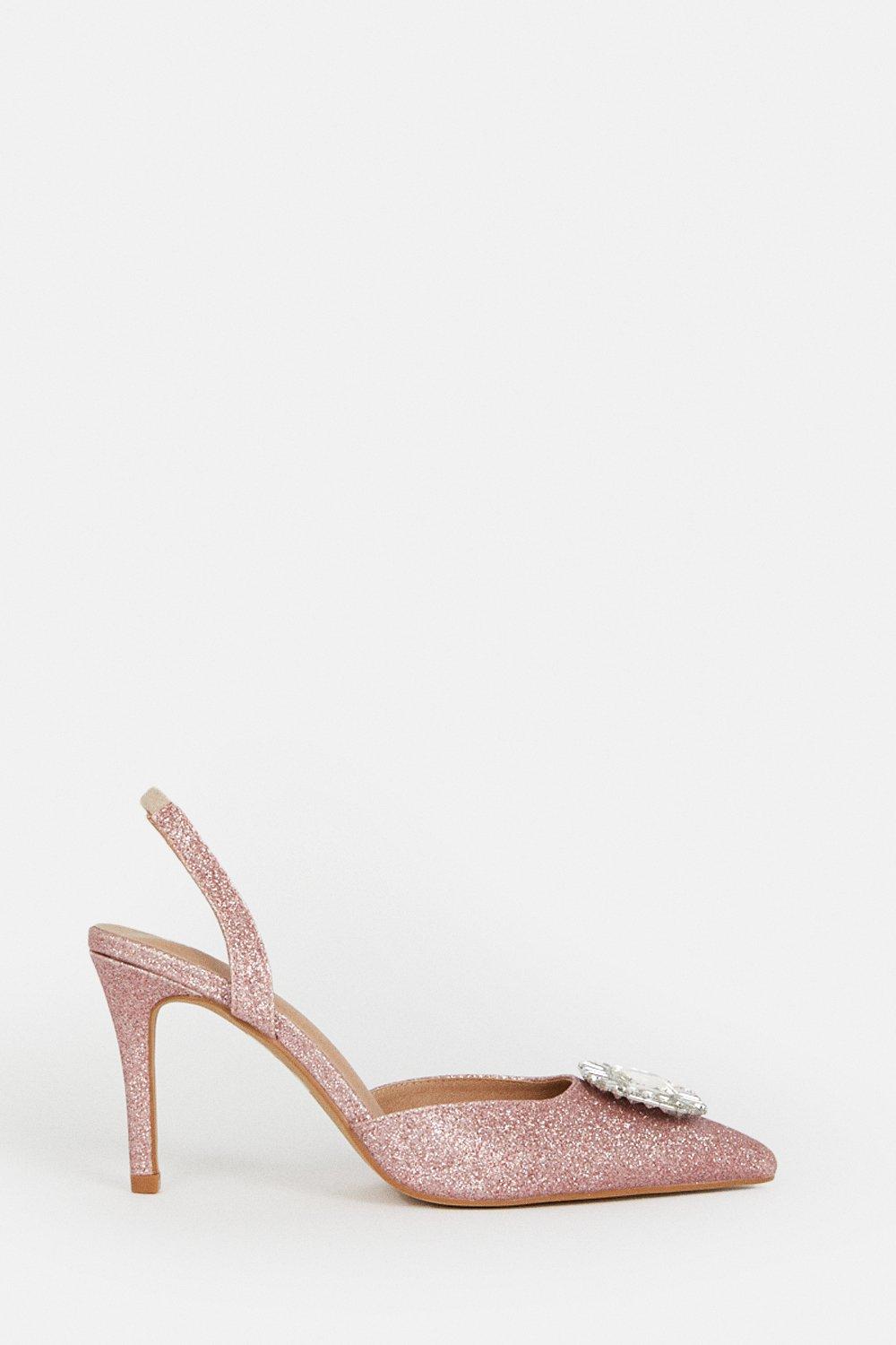 Fine Glitter Pastel Gem Detail Sling Back Heel - Nude Pink