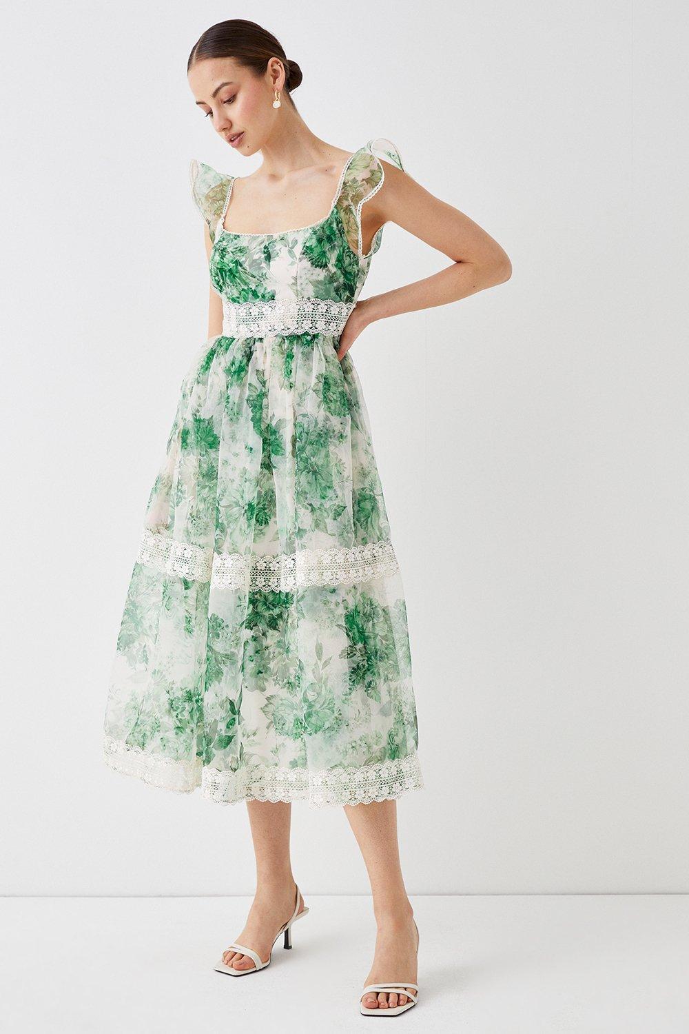 Square Neck Organza Midi Dress With Lace Trims - Green