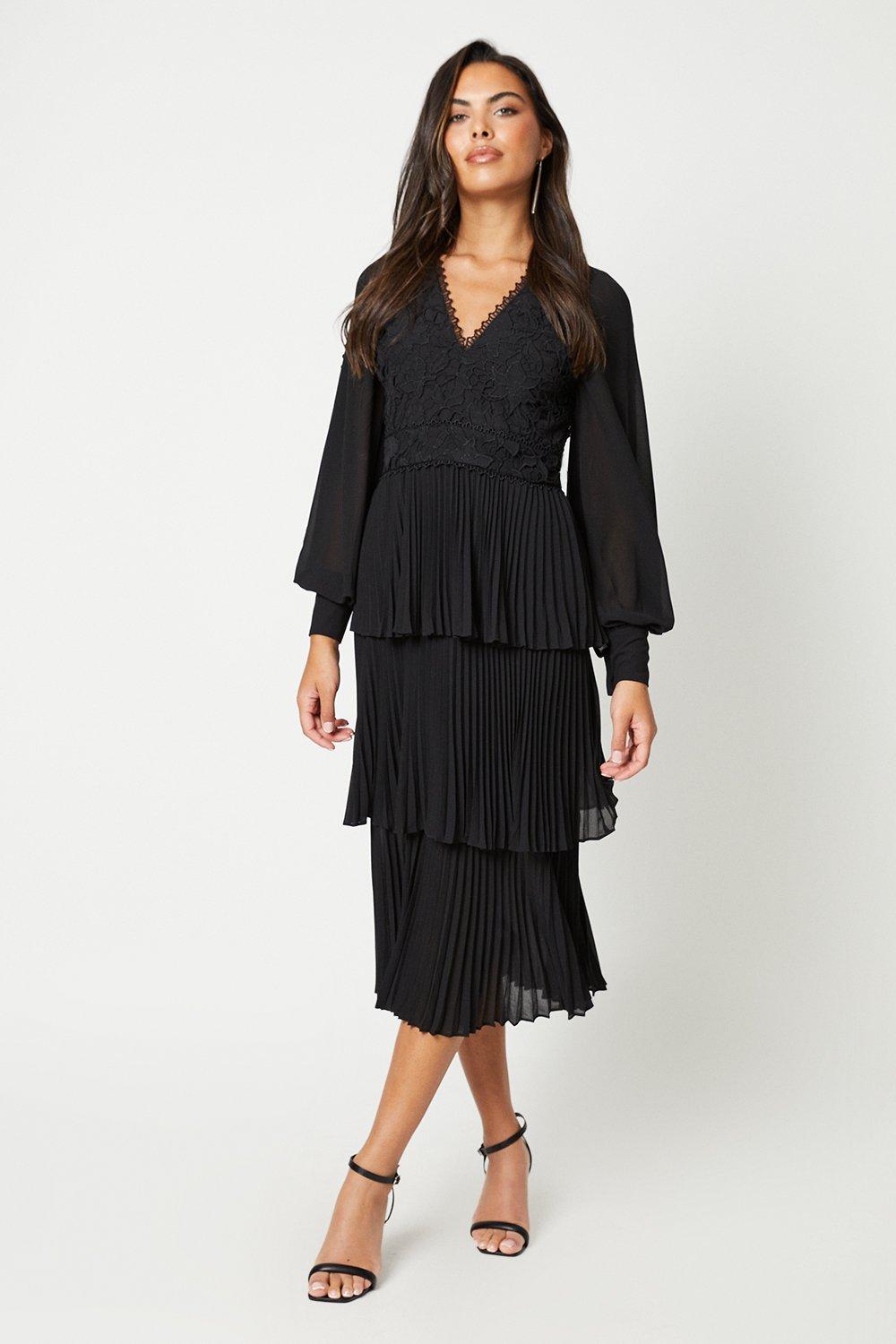 Georgette Lace Tiered Midi Dress With Blouson Sleeve - Black