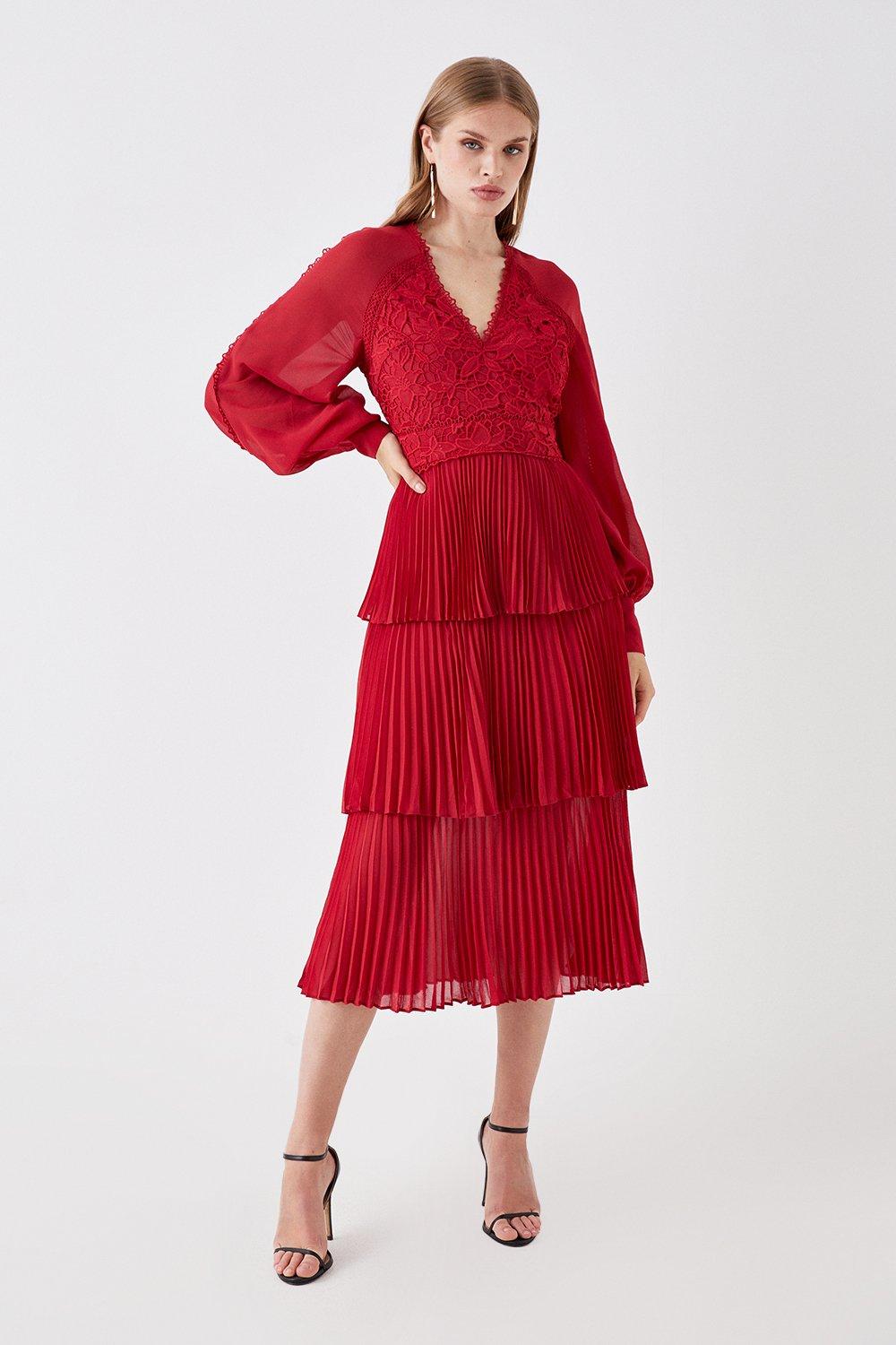 Georgette Lace TieMidi Dress With Blouson Sleeve - Red