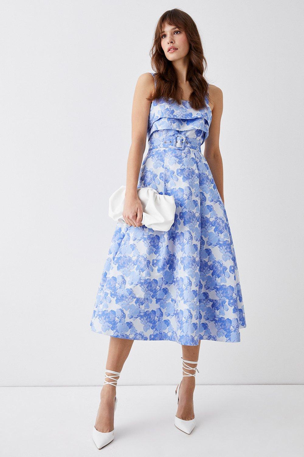 Belted Cami Top Midi Dress In Jacquard - Blue