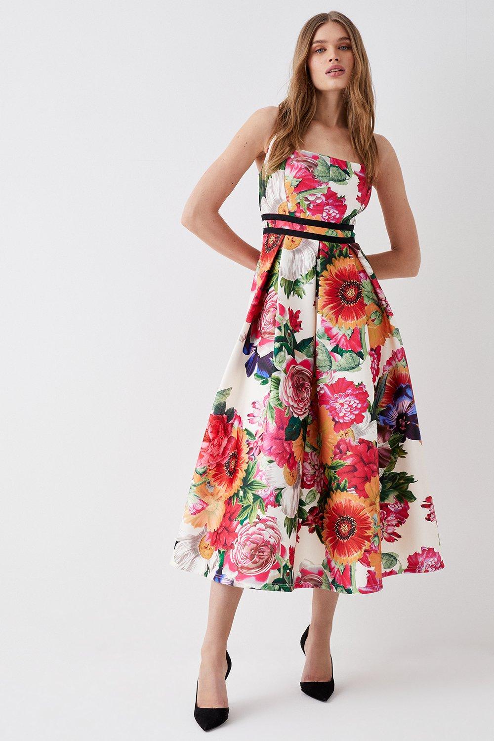 Contrast Trim Floral Scuba Midi Dress